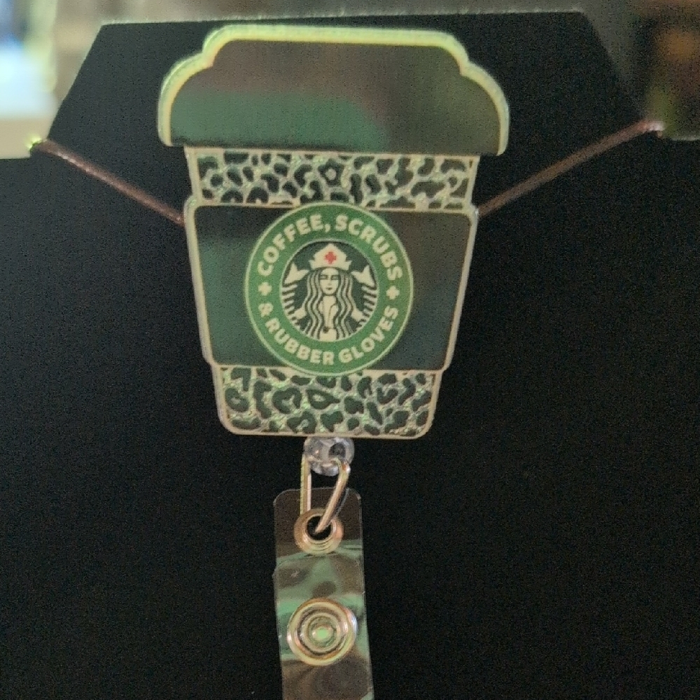 Starbucks Theme Green Leopard Coffee Badge Reel